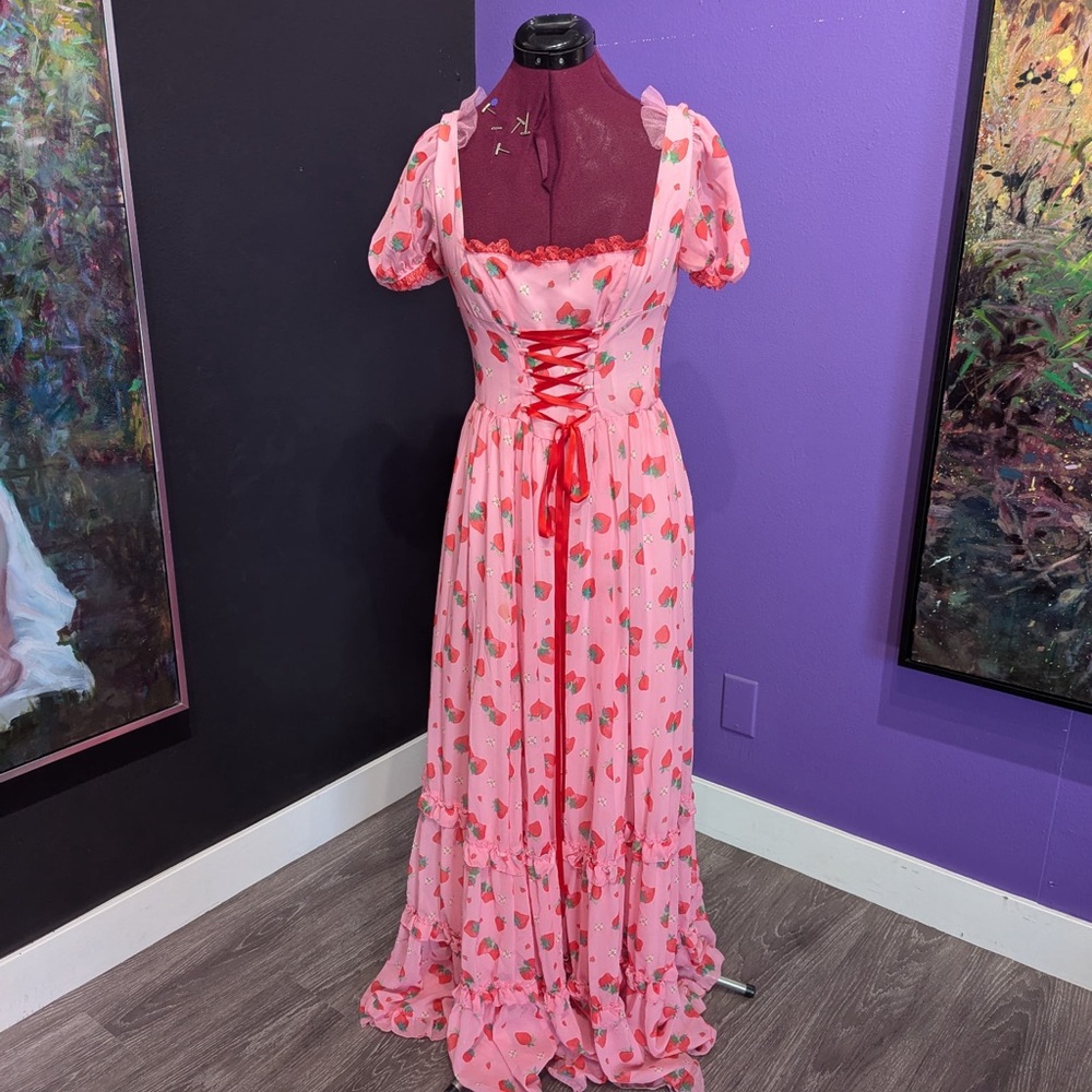 Dolls Kill Pink Strawberry-Print Maxi Dress with Red Lace-Up